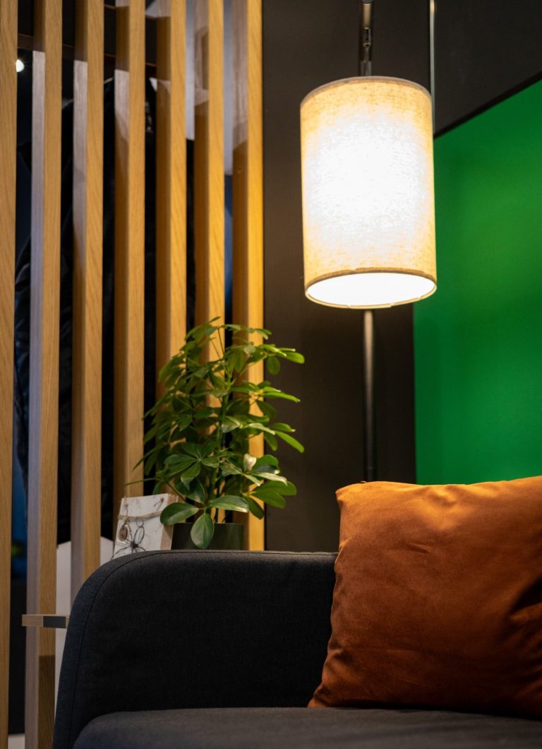 Gemütlicher Raum mit einer Lampe, einer Pflanze und orangefarbener Kissen auf einem Sofa.