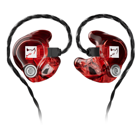 Rote maßgefertigte Hörluchs Monitoring-Hörer mit Fokus auf technische Präzision und hochwertiger Faceplate-Verarbeitung.