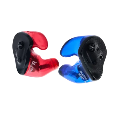 Maßgefertigter aktiver Hörluchs HA Active Gehörschutz in Blau (L) und Rot (R) mit elektronischer Impulsschallunterdrückung für Sportschützen