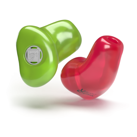 Maßgefertigter Hörluchs Musikgehörschutz in Neongrün und Transparent-Rot mit präzisen akustischen Dämmfiltern.