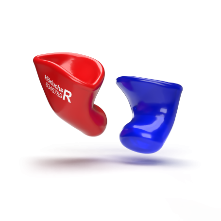 Maßgefertigter Hörluchs Gehörschutz zum Schlafen in Rot (Rechts) und Blau (Links) aus weichem Silikon für maximalen Liegekomfort.