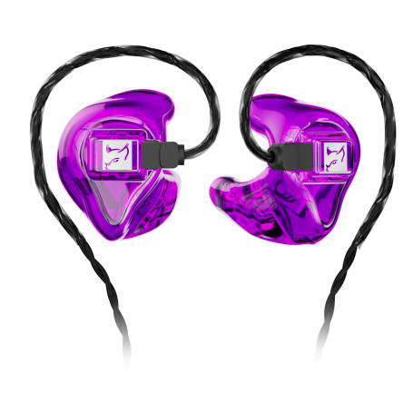 Lila-transparente Hörluchs Custom In-Ear-Monitore mit ergonomischer Passform und professionellem schwarzen Kabel.