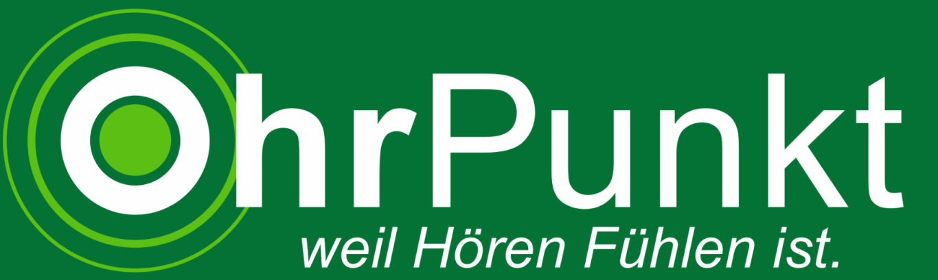 Logo von OhrPunkt Hörgeräte mit dem Slogan „weil Hören Fühlen ist“ auf grünem Hintergrund.
