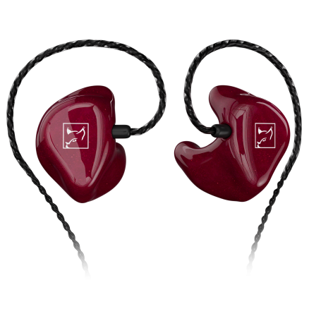 Bordeauxrote, maßgefertigte Hörluchs HL6 In-Ear-Monitore mit blickdichter Hochglanz-Faceplate und ergonomischer Concha-Form.