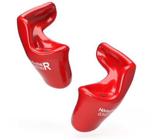 Rote, maßgefertigte Hörluchs Gehörschutz für Motorradfahrer mit individueller Seriennummer und Rechts-Kennzeichnung vor weißem Hintergrund.